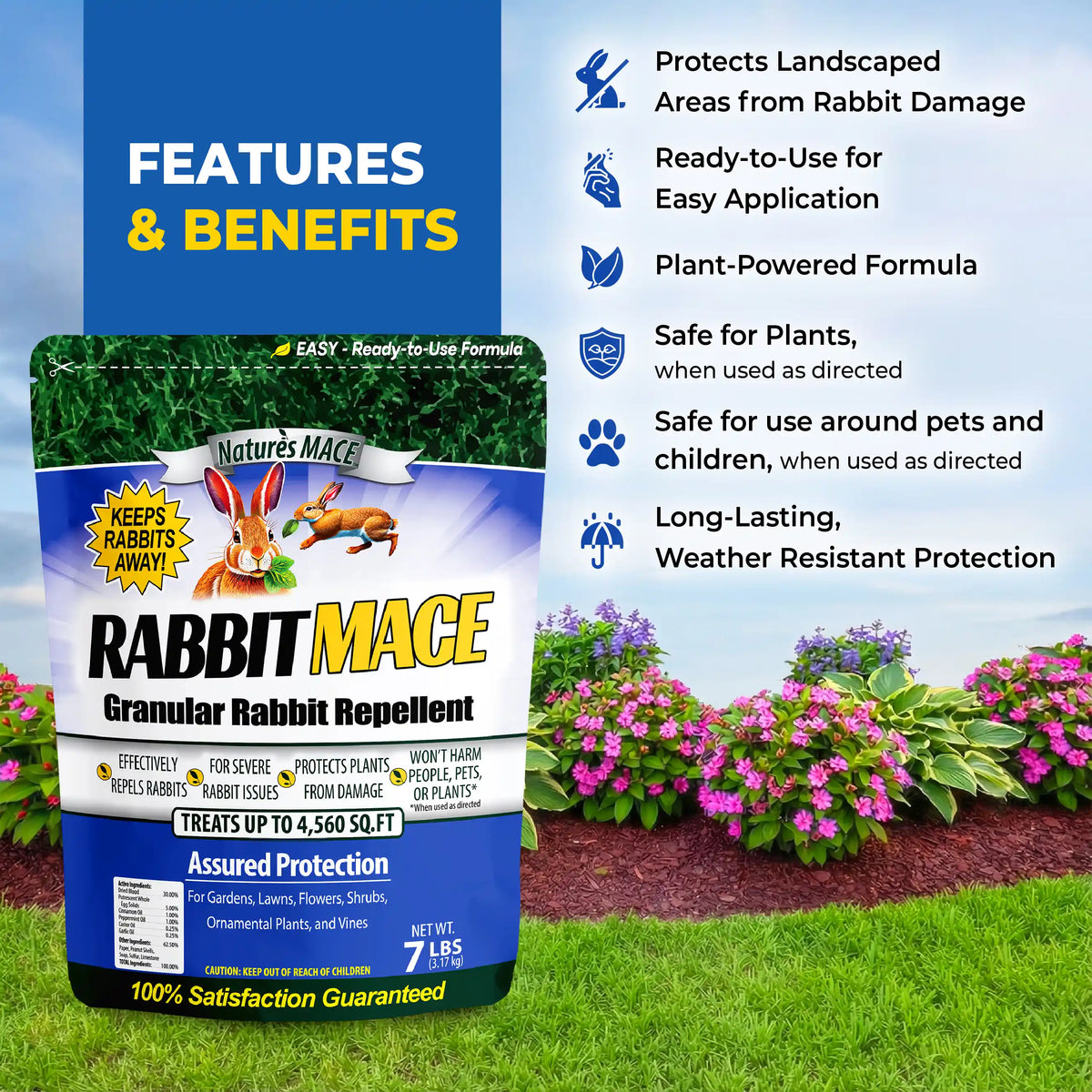 Rabbit Mace granular rabbit repellent packaging with features and benefits listed on a garden background.