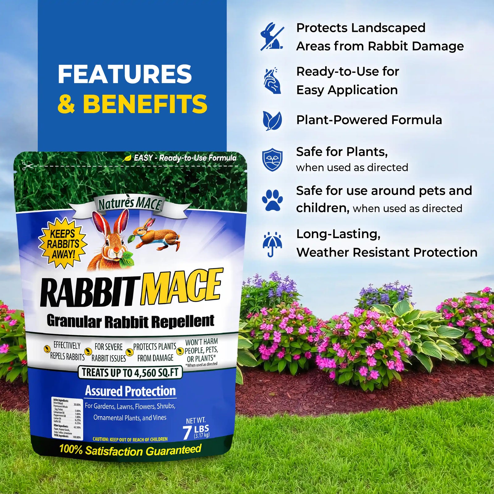 Rabbit Mace granular rabbit repellent packaging with features and benefits listed on a garden background | gallery:all