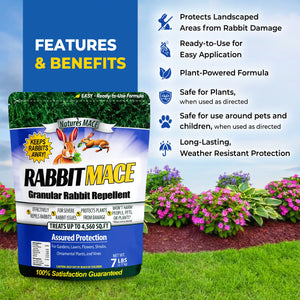 Rabbit Mace granular rabbit repellent packaging with features and benefits listed on a garden background.